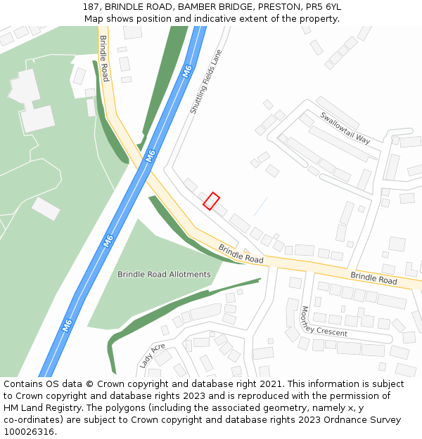 187, BRINDLE ROAD, BAMBER BRIDGE, PRESTON, PR5 6YL: Location map and indicative extent of plot