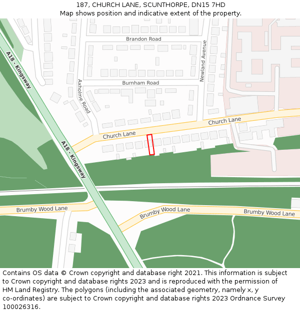 187, CHURCH LANE, SCUNTHORPE, DN15 7HD: Location map and indicative extent of plot