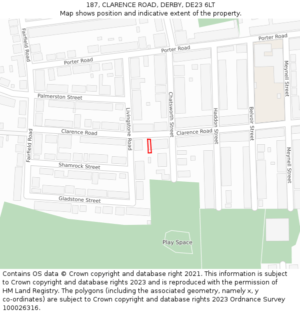 187, CLARENCE ROAD, DERBY, DE23 6LT: Location map and indicative extent of plot