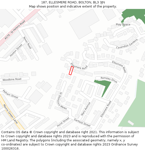 187, ELLESMERE ROAD, BOLTON, BL3 3JN: Location map and indicative extent of plot
