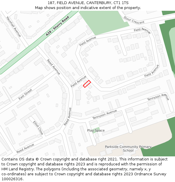 187, FIELD AVENUE, CANTERBURY, CT1 1TS: Location map and indicative extent of plot