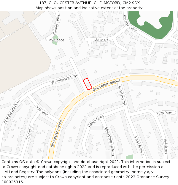 187, GLOUCESTER AVENUE, CHELMSFORD, CM2 9DX: Location map and indicative extent of plot