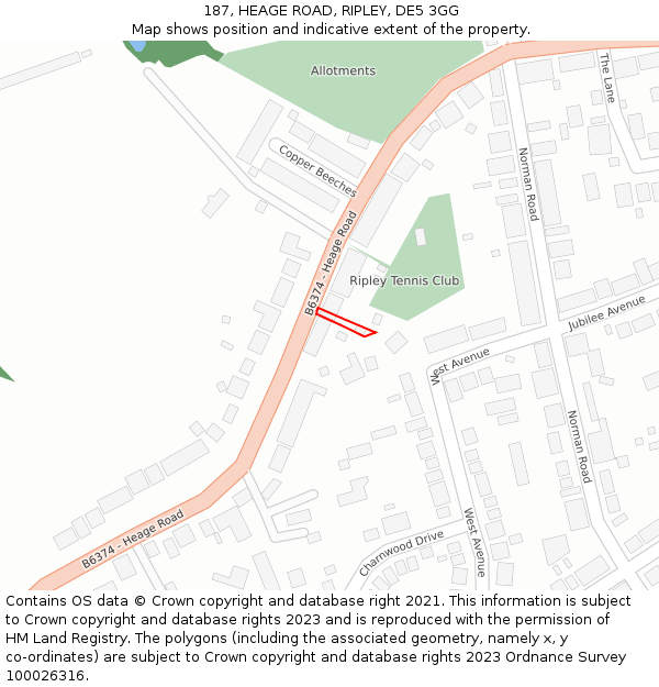 187, HEAGE ROAD, RIPLEY, DE5 3GG: Location map and indicative extent of plot