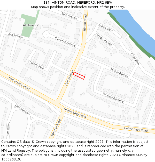 187, HINTON ROAD, HEREFORD, HR2 6BW: Location map and indicative extent of plot