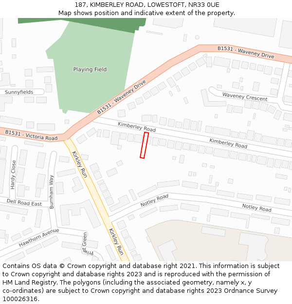 187, KIMBERLEY ROAD, LOWESTOFT, NR33 0UE: Location map and indicative extent of plot