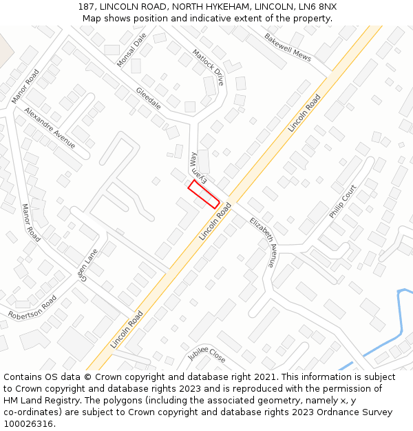 187, LINCOLN ROAD, NORTH HYKEHAM, LINCOLN, LN6 8NX: Location map and indicative extent of plot