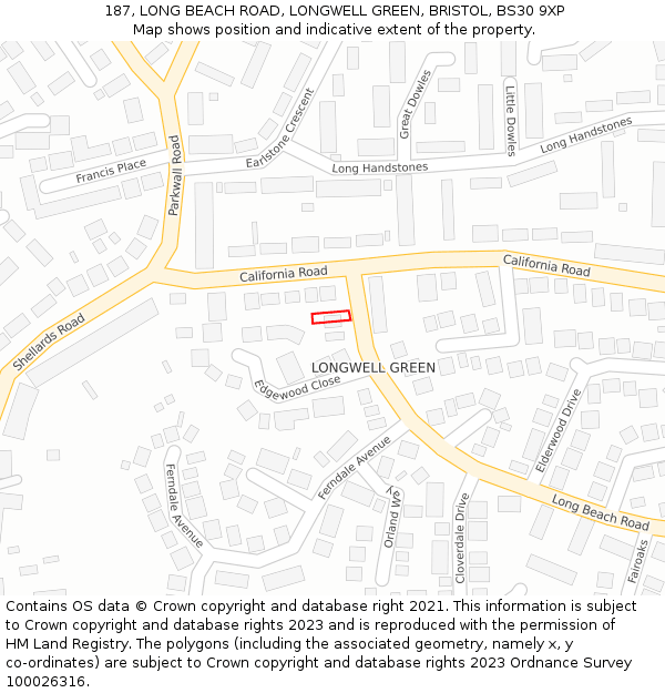 187, LONG BEACH ROAD, LONGWELL GREEN, BRISTOL, BS30 9XP: Location map and indicative extent of plot