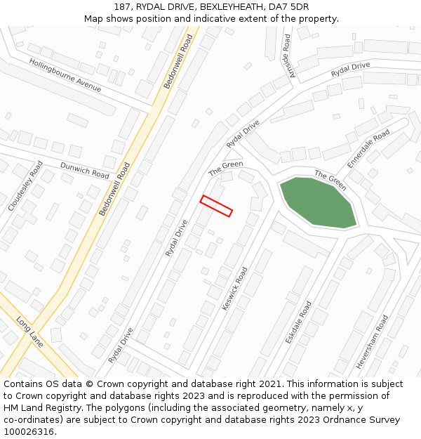 187, RYDAL DRIVE, BEXLEYHEATH, DA7 5DR: Location map and indicative extent of plot