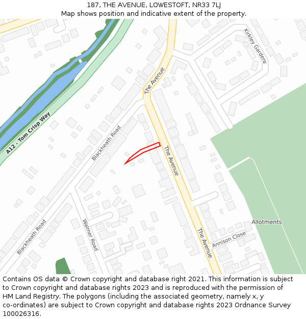 187, THE AVENUE, LOWESTOFT, NR33 7LJ: Location map and indicative extent of plot