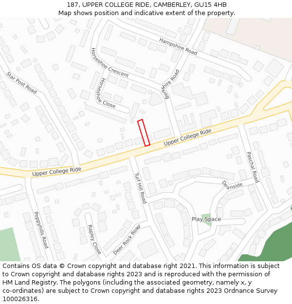 187, UPPER COLLEGE RIDE, CAMBERLEY, GU15 4HB: Location map and indicative extent of plot