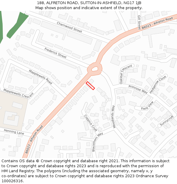 188, ALFRETON ROAD, SUTTON-IN-ASHFIELD, NG17 1JB: Location map and indicative extent of plot