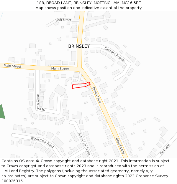 188, BROAD LANE, BRINSLEY, NOTTINGHAM, NG16 5BE: Location map and indicative extent of plot