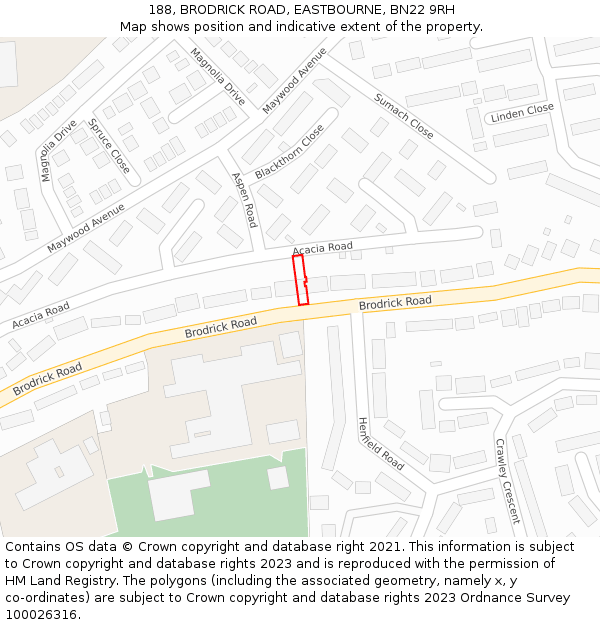 188, BRODRICK ROAD, EASTBOURNE, BN22 9RH: Location map and indicative extent of plot