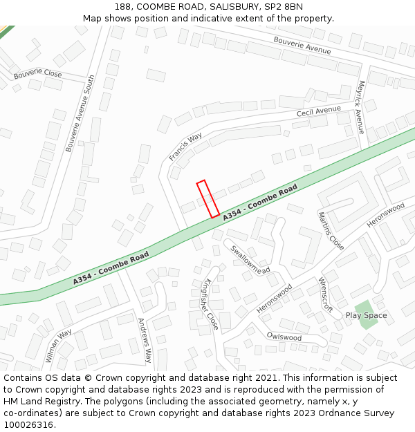 188, COOMBE ROAD, SALISBURY, SP2 8BN: Location map and indicative extent of plot