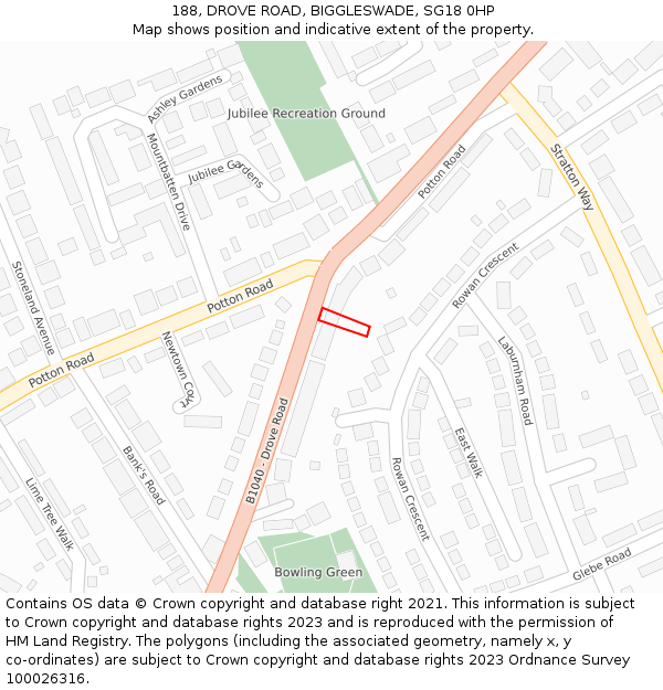 188, DROVE ROAD, BIGGLESWADE, SG18 0HP: Location map and indicative extent of plot