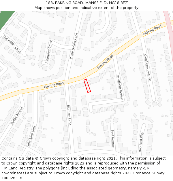 188, EAKRING ROAD, MANSFIELD, NG18 3EZ: Location map and indicative extent of plot