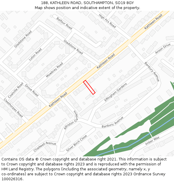 188, KATHLEEN ROAD, SOUTHAMPTON, SO19 8GY: Location map and indicative extent of plot