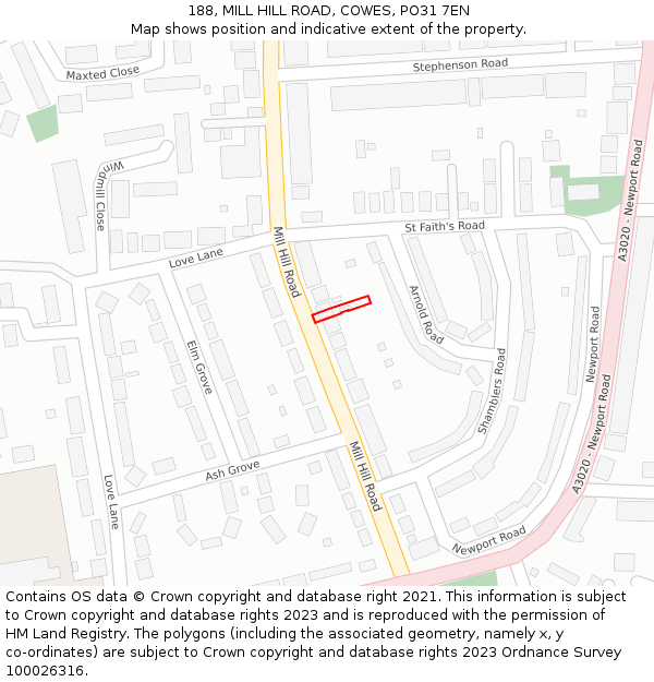 188, MILL HILL ROAD, COWES, PO31 7EN: Location map and indicative extent of plot