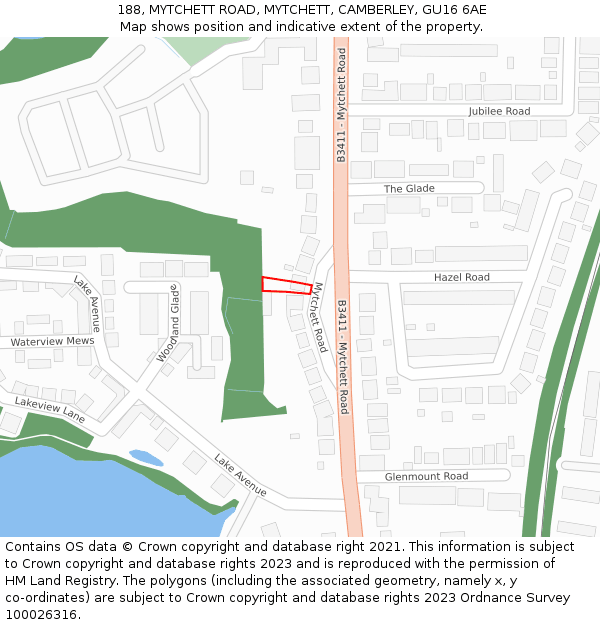 188, MYTCHETT ROAD, MYTCHETT, CAMBERLEY, GU16 6AE: Location map and indicative extent of plot