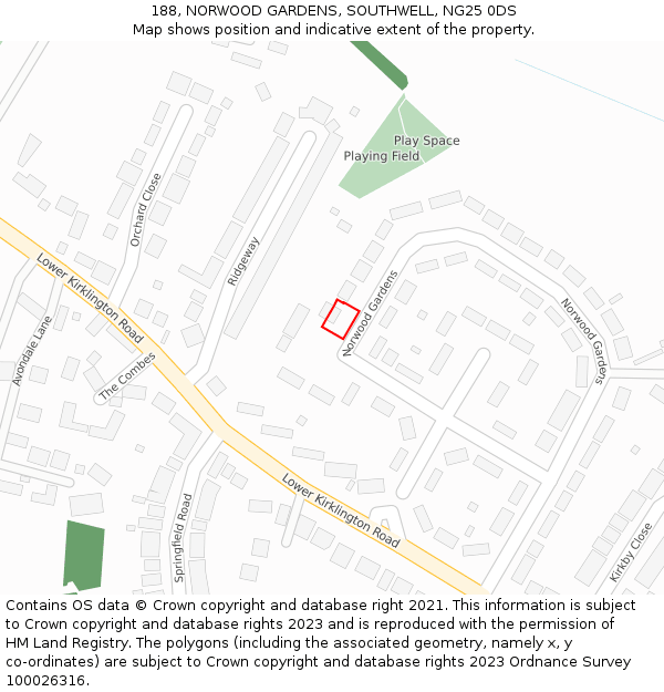 188, NORWOOD GARDENS, SOUTHWELL, NG25 0DS: Location map and indicative extent of plot