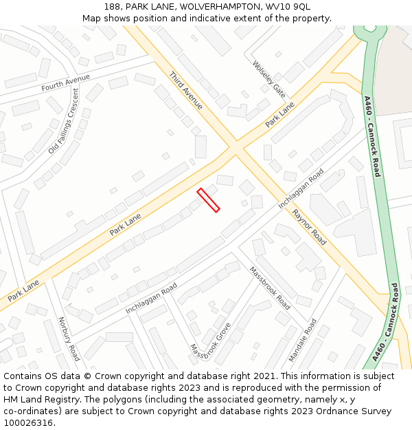 188, PARK LANE, WOLVERHAMPTON, WV10 9QL: Location map and indicative extent of plot