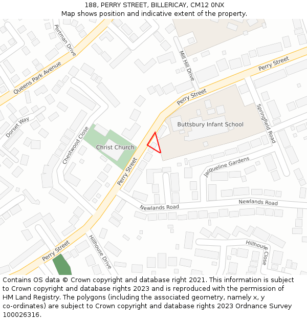 188, PERRY STREET, BILLERICAY, CM12 0NX: Location map and indicative extent of plot