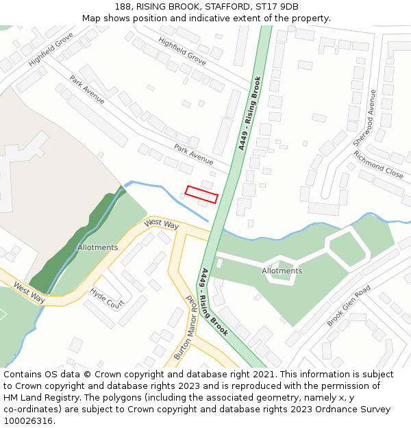 188, RISING BROOK, STAFFORD, ST17 9DB: Location map and indicative extent of plot