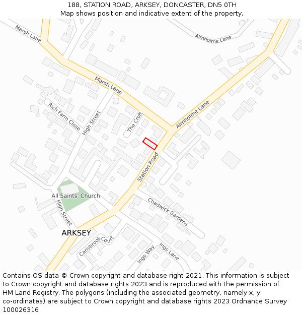 188, STATION ROAD, ARKSEY, DONCASTER, DN5 0TH: Location map and indicative extent of plot