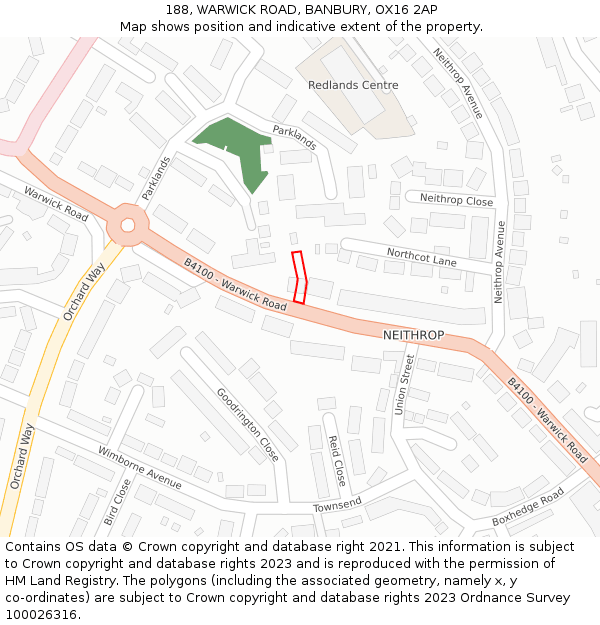 188, WARWICK ROAD, BANBURY, OX16 2AP: Location map and indicative extent of plot