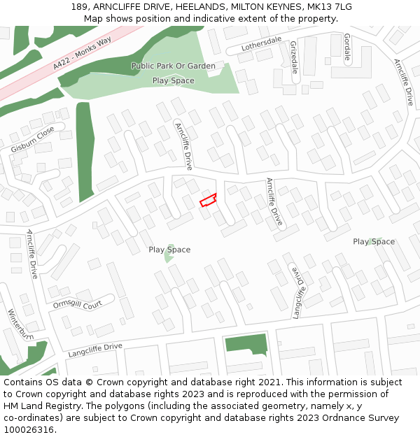 189, ARNCLIFFE DRIVE, HEELANDS, MILTON KEYNES, MK13 7LG: Location map and indicative extent of plot