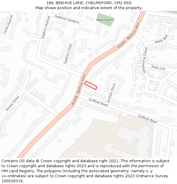189, BEEHIVE LANE, CHELMSFORD, CM2 9SG: Location map and indicative extent of plot