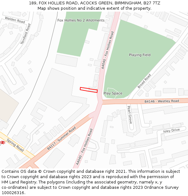 189, FOX HOLLIES ROAD, ACOCKS GREEN, BIRMINGHAM, B27 7TZ: Location map and indicative extent of plot