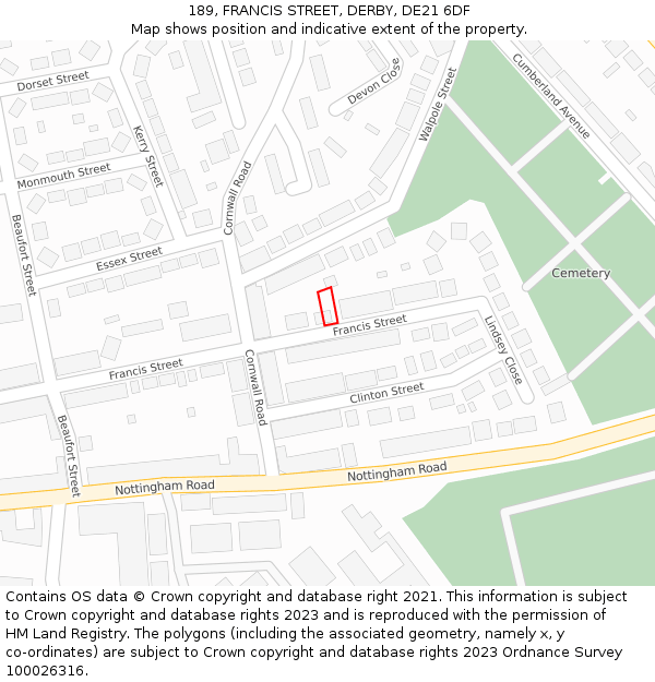 189, FRANCIS STREET, DERBY, DE21 6DF: Location map and indicative extent of plot