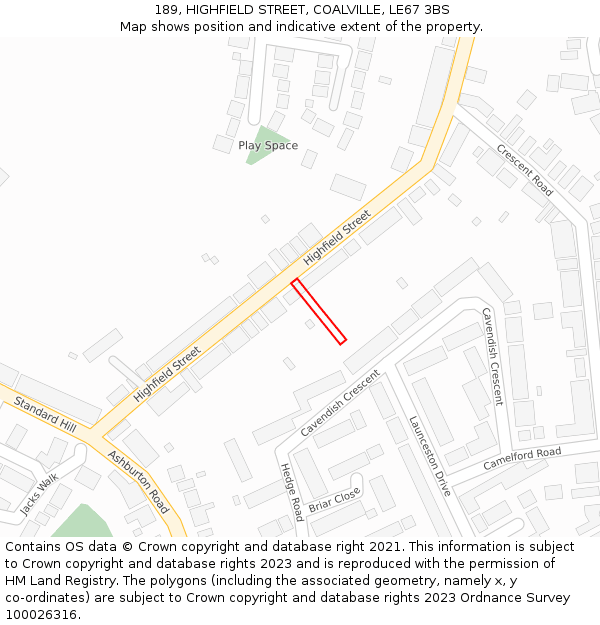 189, HIGHFIELD STREET, COALVILLE, LE67 3BS: Location map and indicative extent of plot