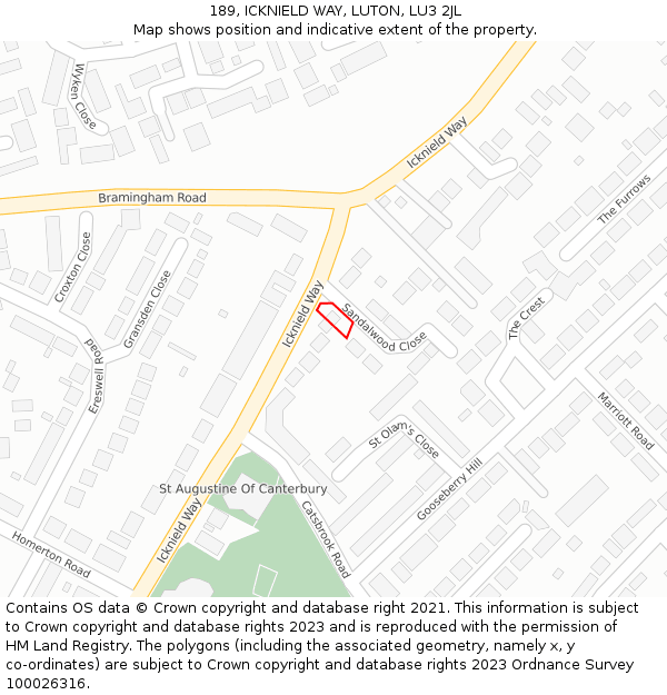 189, ICKNIELD WAY, LUTON, LU3 2JL: Location map and indicative extent of plot