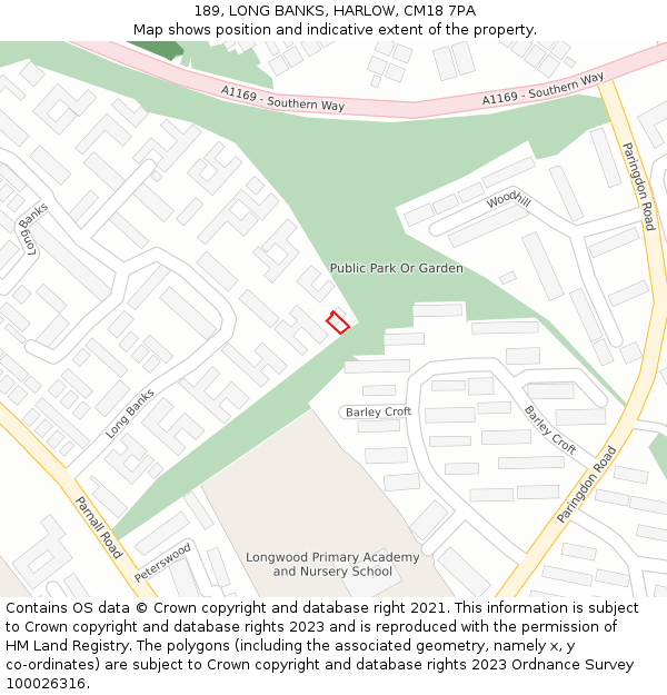189, LONG BANKS, HARLOW, CM18 7PA: Location map and indicative extent of plot