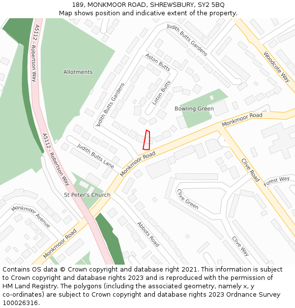 189, MONKMOOR ROAD, SHREWSBURY, SY2 5BQ: Location map and indicative extent of plot