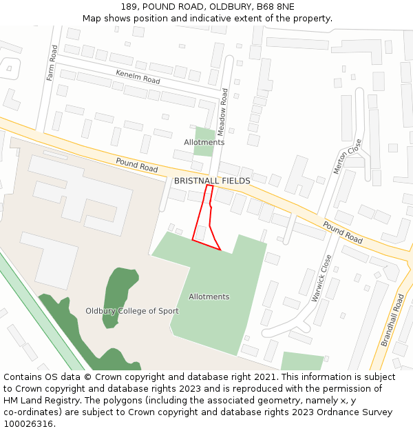 189, POUND ROAD, OLDBURY, B68 8NE: Location map and indicative extent of plot