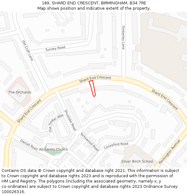 189, SHARD END CRESCENT, BIRMINGHAM, B34 7RE: Location map and indicative extent of plot