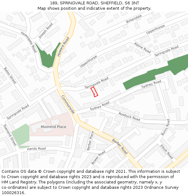 189, SPRINGVALE ROAD, SHEFFIELD, S6 3NT: Location map and indicative extent of plot