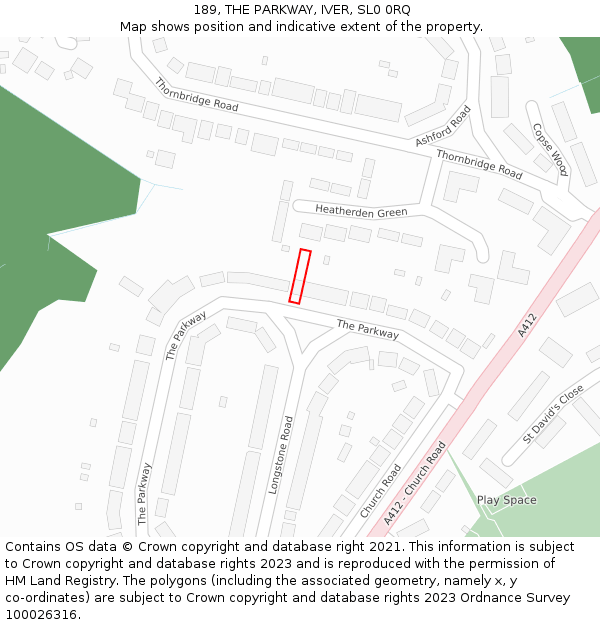 189, THE PARKWAY, IVER, SL0 0RQ: Location map and indicative extent of plot