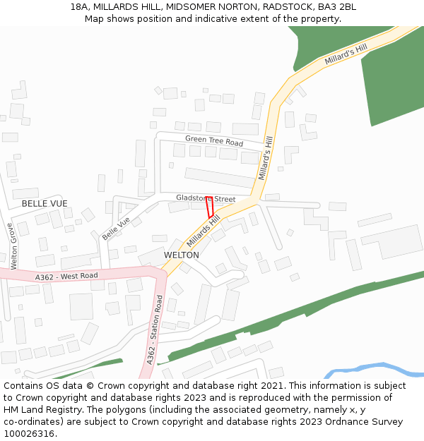 18A, MILLARDS HILL, MIDSOMER NORTON, RADSTOCK, BA3 2BL: Location map and indicative extent of plot