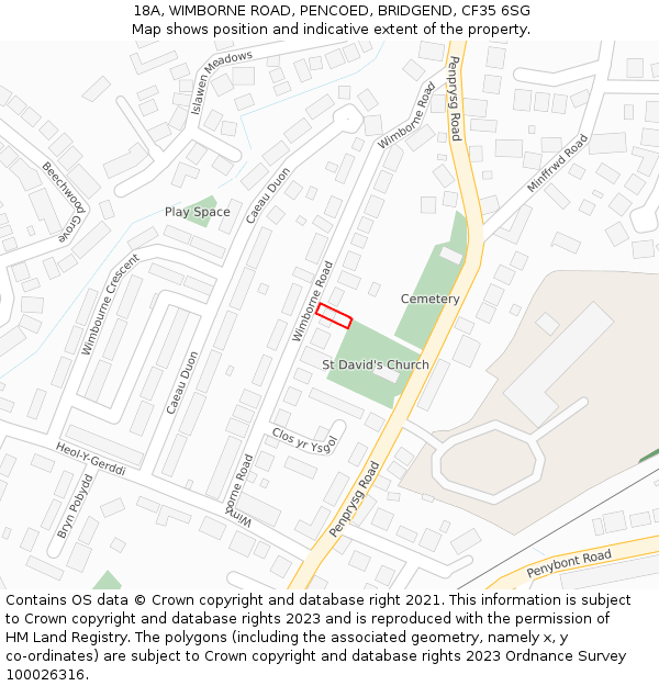 18A, WIMBORNE ROAD, PENCOED, BRIDGEND, CF35 6SG: Location map and indicative extent of plot