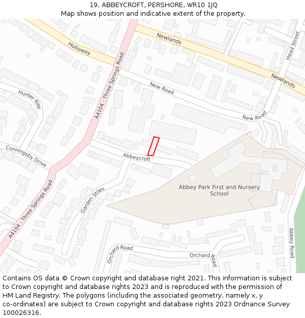 19, ABBEYCROFT, PERSHORE, WR10 1JQ: Location map and indicative extent of plot