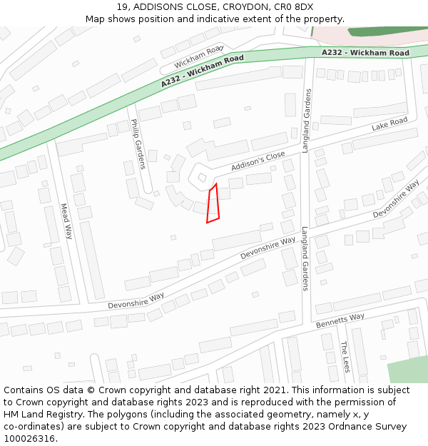 19, ADDISONS CLOSE, CROYDON, CR0 8DX: Location map and indicative extent of plot