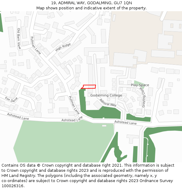 19, ADMIRAL WAY, GODALMING, GU7 1QN: Location map and indicative extent of plot