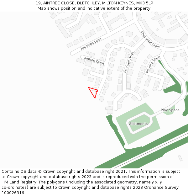 19, AINTREE CLOSE, BLETCHLEY, MILTON KEYNES, MK3 5LP: Location map and indicative extent of plot