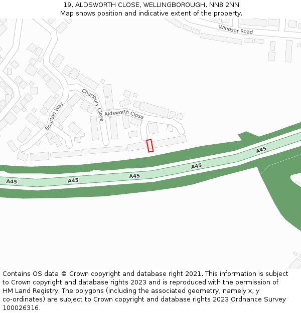 19, ALDSWORTH CLOSE, WELLINGBOROUGH, NN8 2NN: Location map and indicative extent of plot