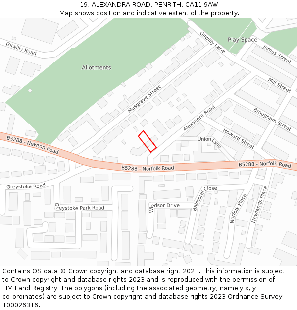 19, ALEXANDRA ROAD, PENRITH, CA11 9AW: Location map and indicative extent of plot