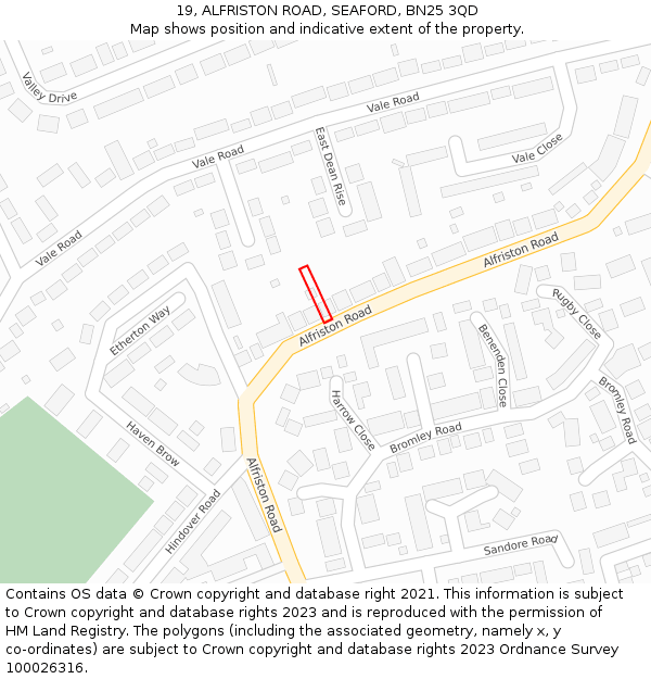 19, ALFRISTON ROAD, SEAFORD, BN25 3QD: Location map and indicative extent of plot